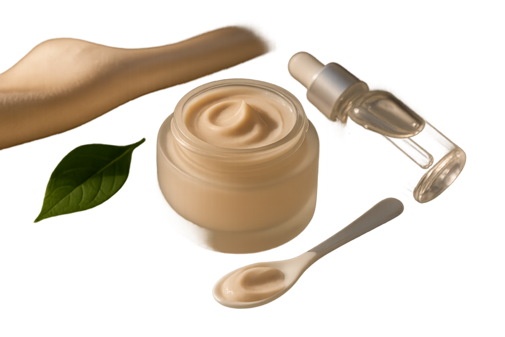 Luxurious still life of an open frosted glass jar of cream with a silky beige texture on a marble vanity, small hyaluronic acid dropper, green leaf and soft morning light