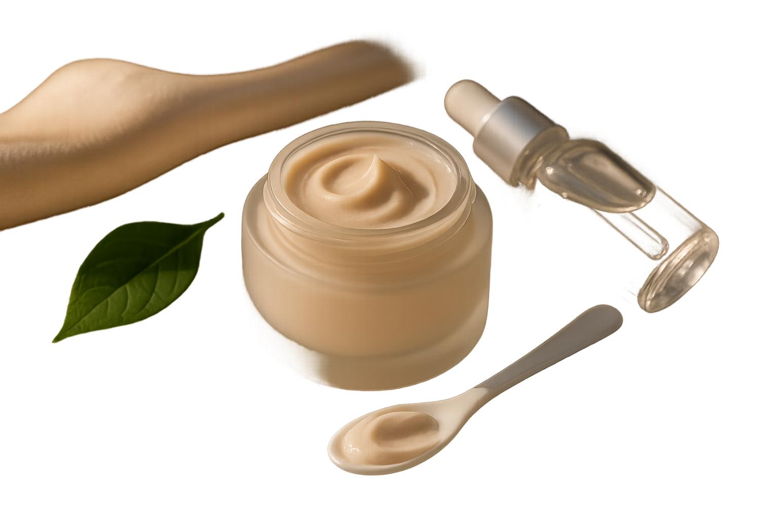 Luxurious still life of an open frosted glass jar of cream with a silky beige texture on a marble vanity, small hyaluronic acid dropper, green leaf and soft morning light