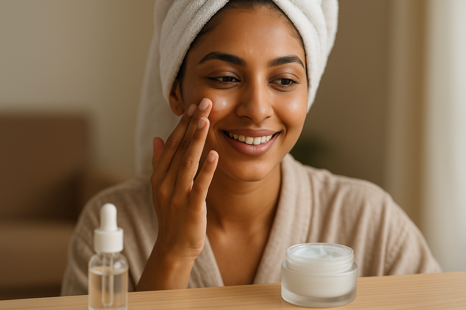 Woman at a vanity in soft morning light applying a gel-cream to her T-zone with a gentle smile, towel-wrapped hair and elegant minimal surroundings