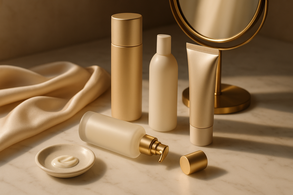 Luxury vanity still life with high‑end sunscreen bottles, silk scarf and morning light