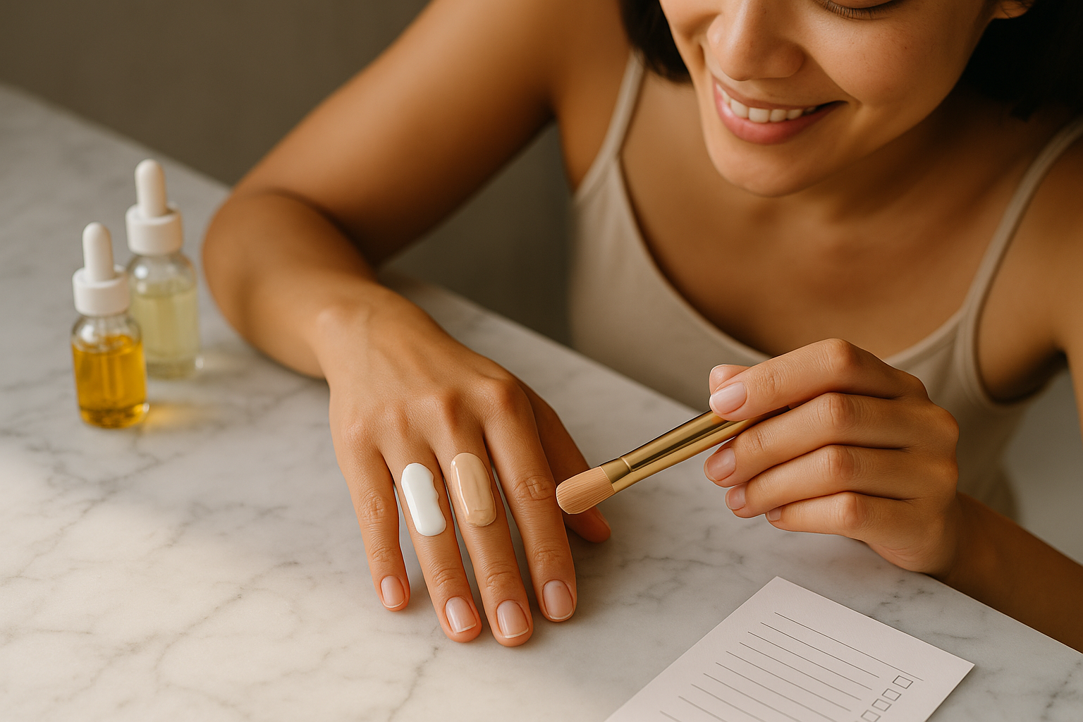 Close‑up of hands testing sunscreen textures on a marble countertop with checklist elements