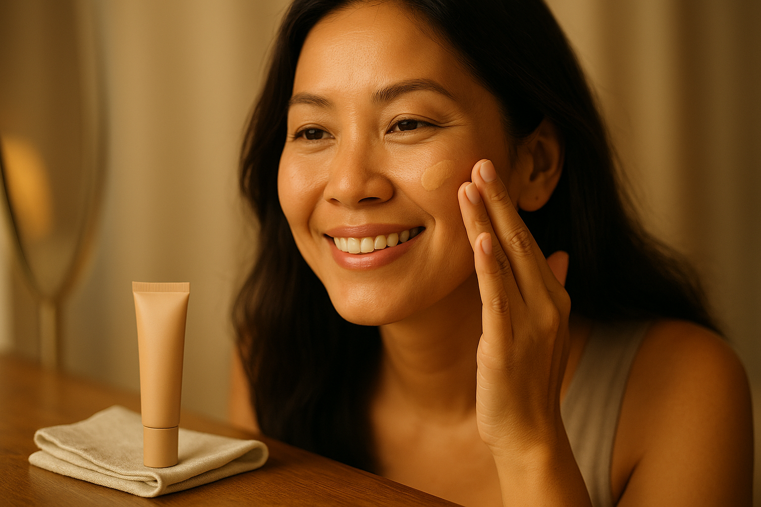 Woman applying tinted sunscreen with a warm smile against a boudoir mirror