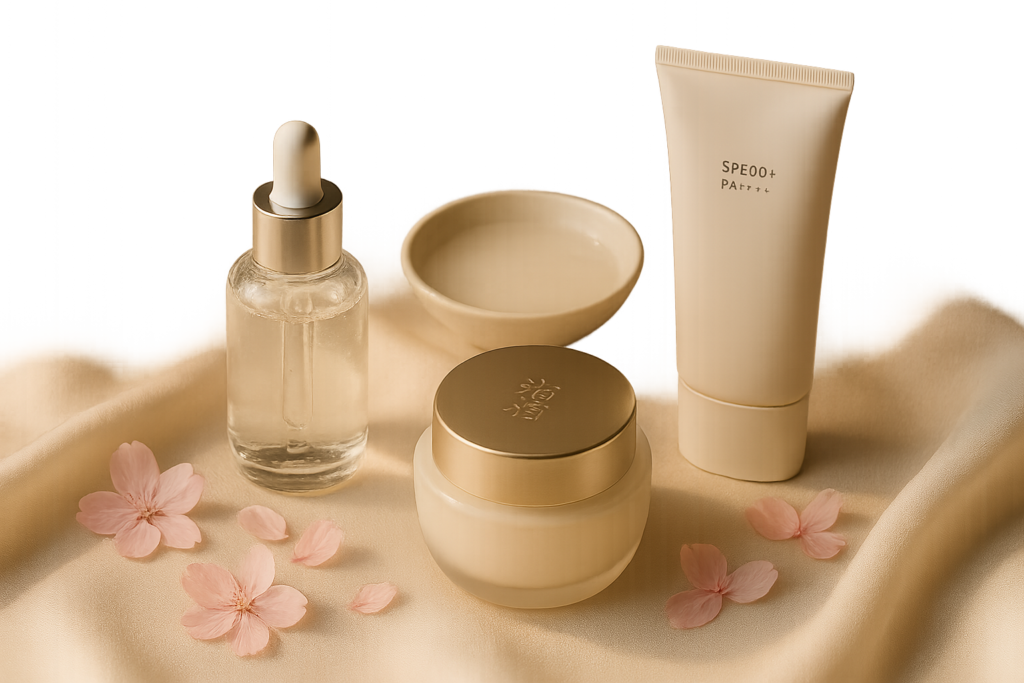Luxurious still-life arrangement of premium Japanese skincare products with sakura petals and silk cloth, evoking radiance and ritual