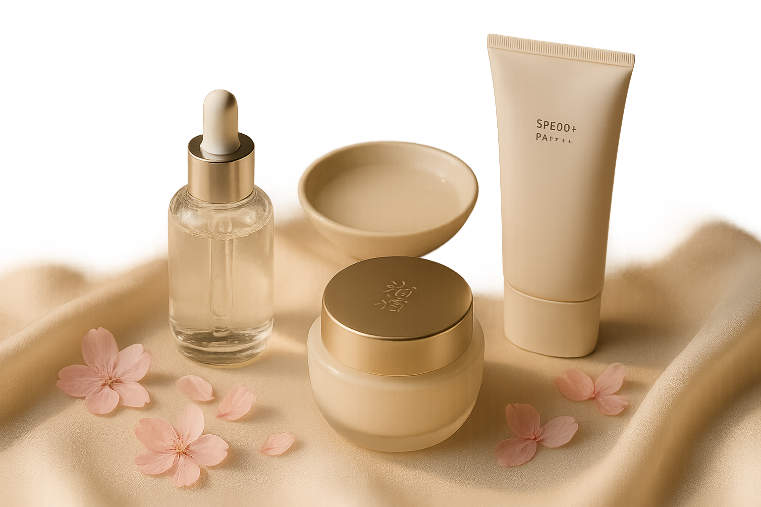 Luxurious still-life arrangement of premium Japanese skincare products with sakura petals and silk cloth, evoking radiance and ritual