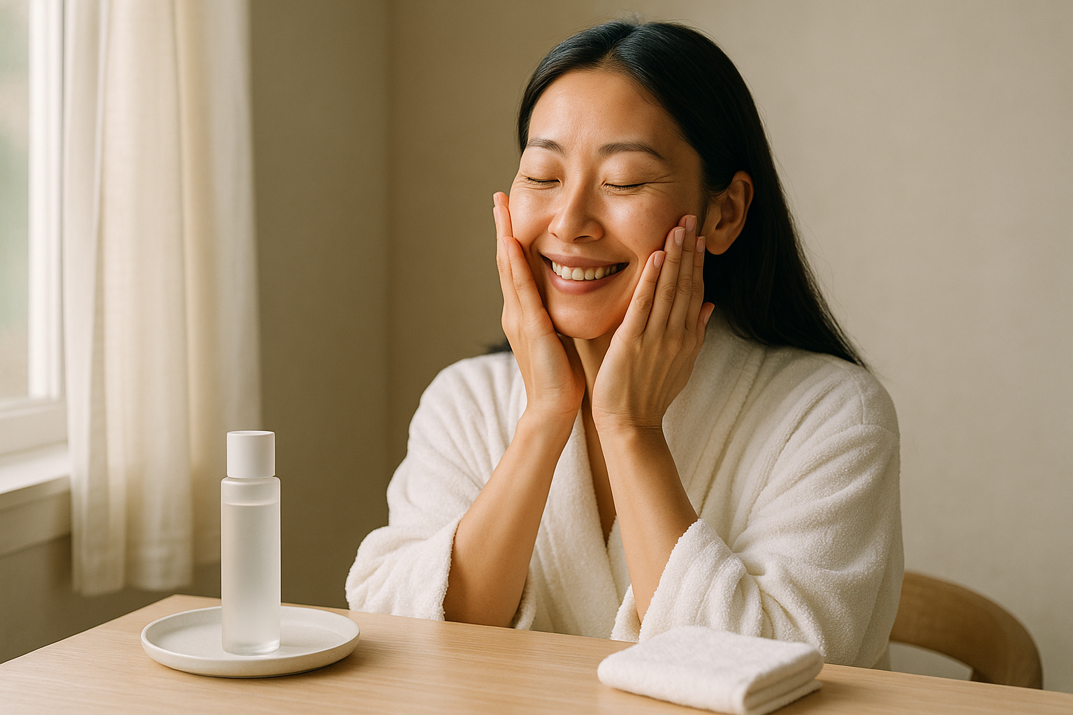 A woman in her 40s gently patting essence into her cheek in a sunlit vanity, smiling serenely