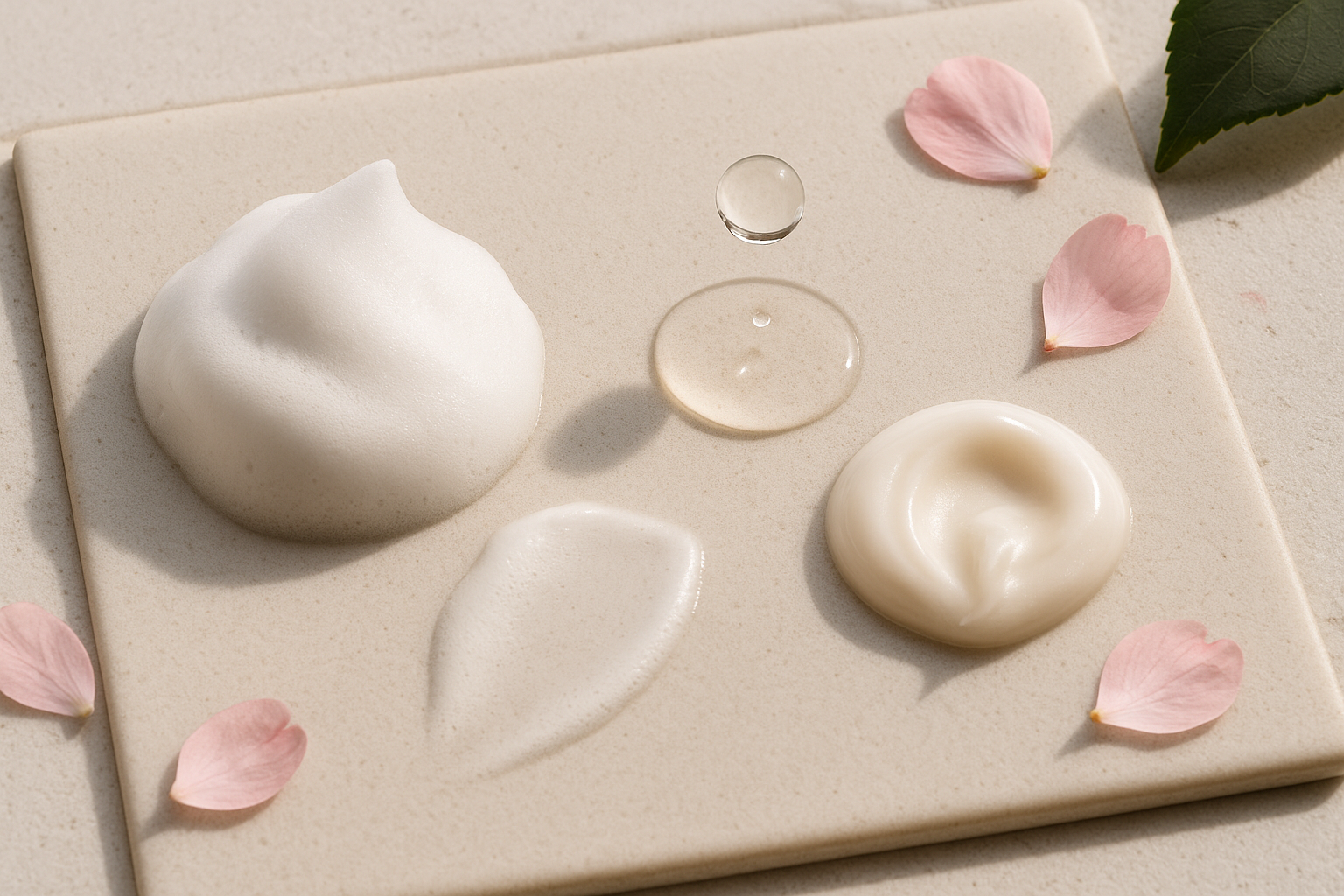 Close-up of varied Japanese product textures: a foamy cleanser, a watery essence drop, a silky cream swatch on porcelain