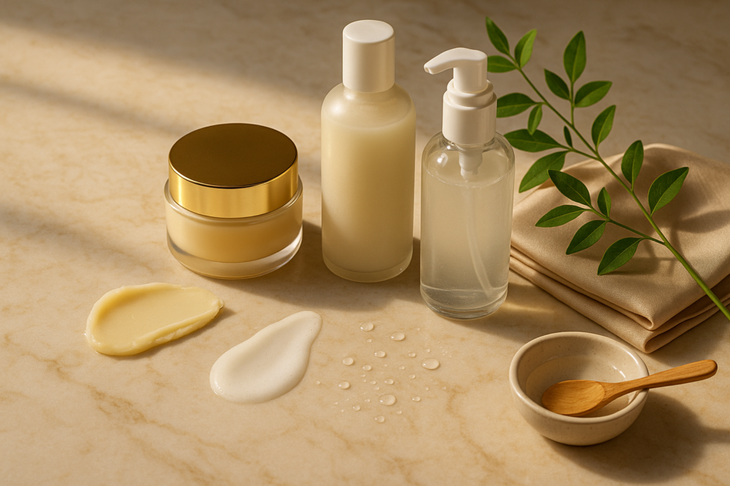 Luxurious arrangement of high-end cleansing products and textures on a marble vanity with soft morning light