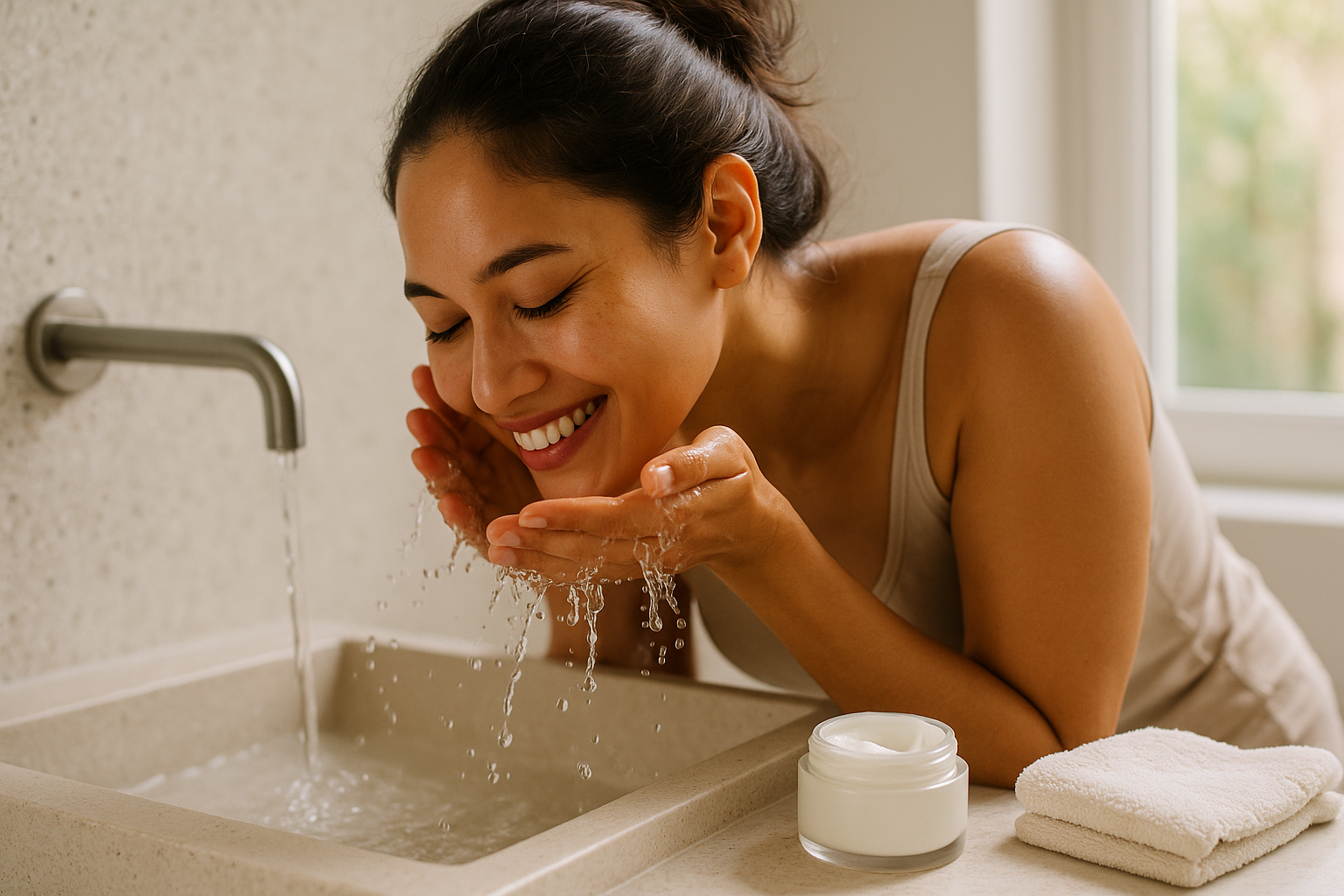 Woman gently splashing water to her face at a vanity, demonstrating how to choose a gentle cleanser