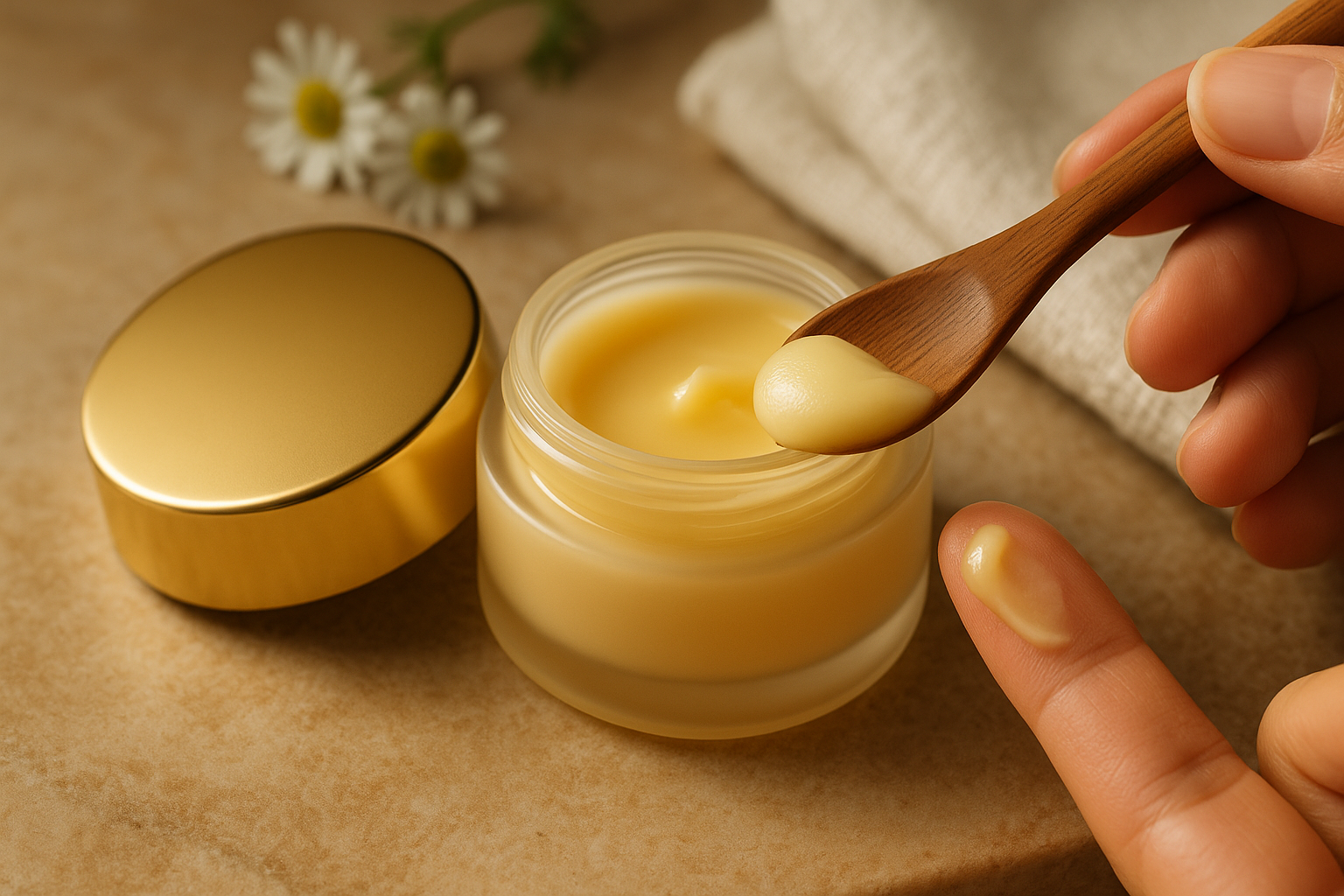 Close-up of a premium cleansing balm jar with scoop and balm texture on fingertips, product-led detail shot