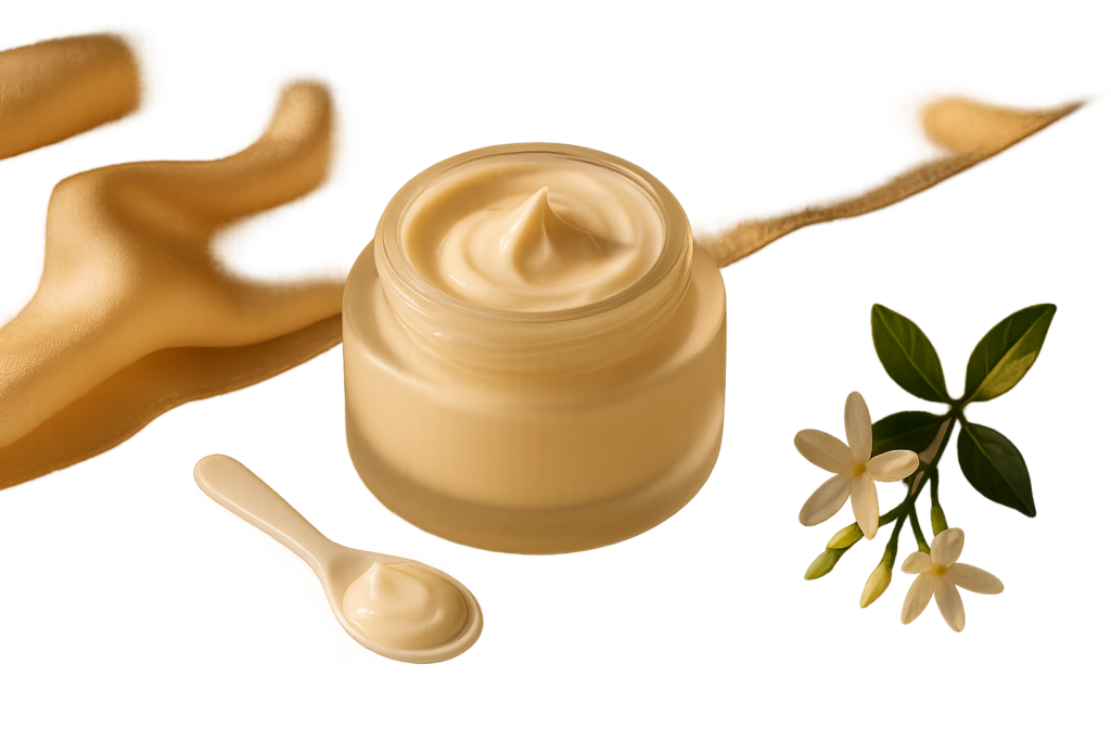 Still life of an open luxury face cream jar with silky texture on marble and soft morning light, evoking firmness and wrinkle care