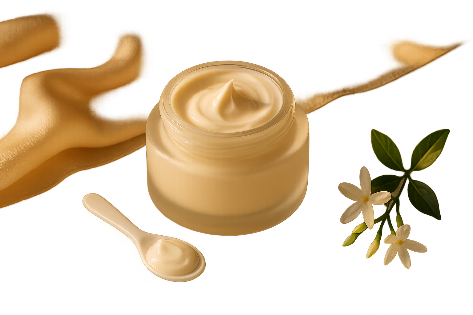 Still life of an open luxury face cream jar with silky texture on marble and soft morning light, evoking firmness and wrinkle care