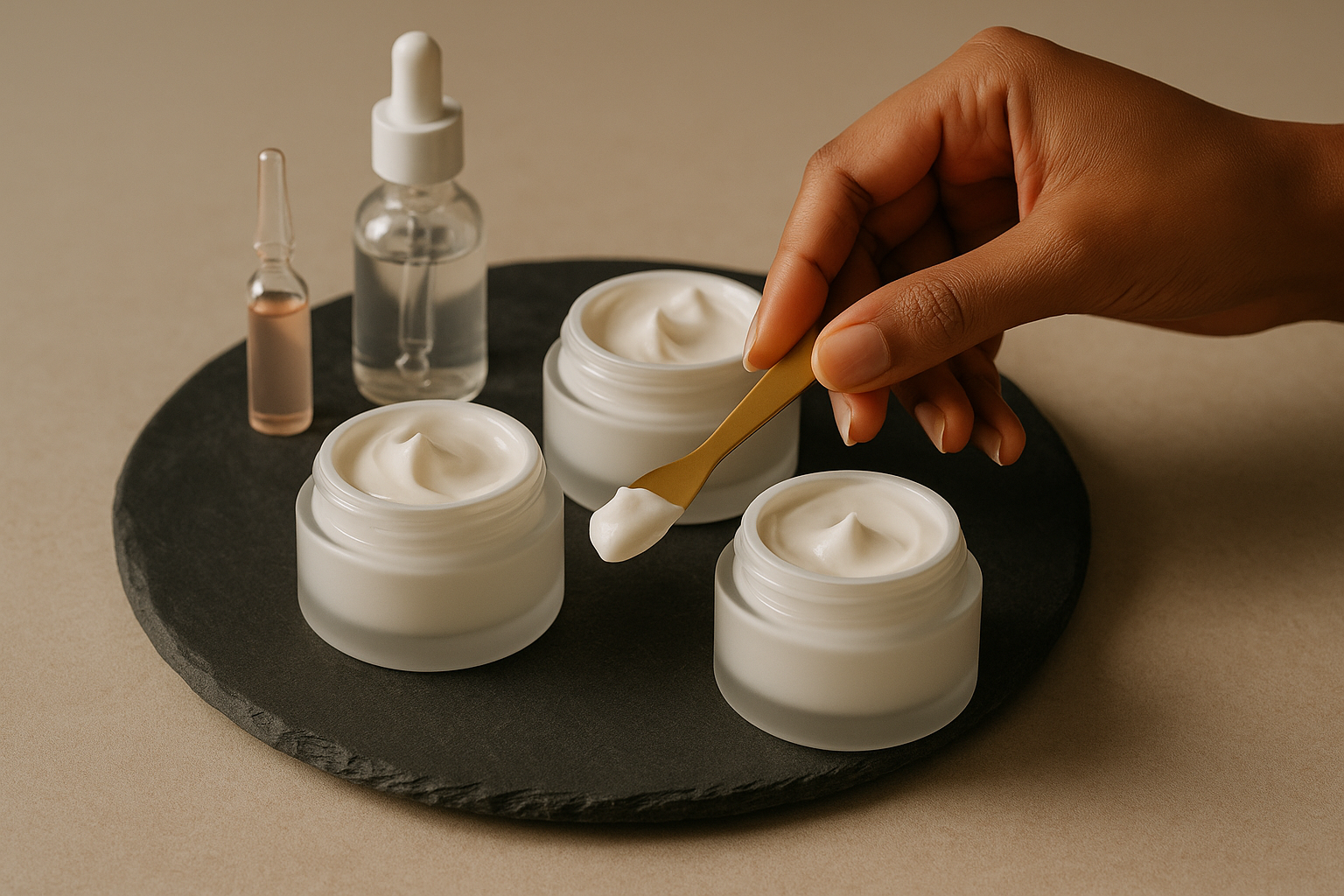 Flat-lay of multiple premium cream jars with a spatula sampling dense cream texture beside small ampoules and a model's hand
