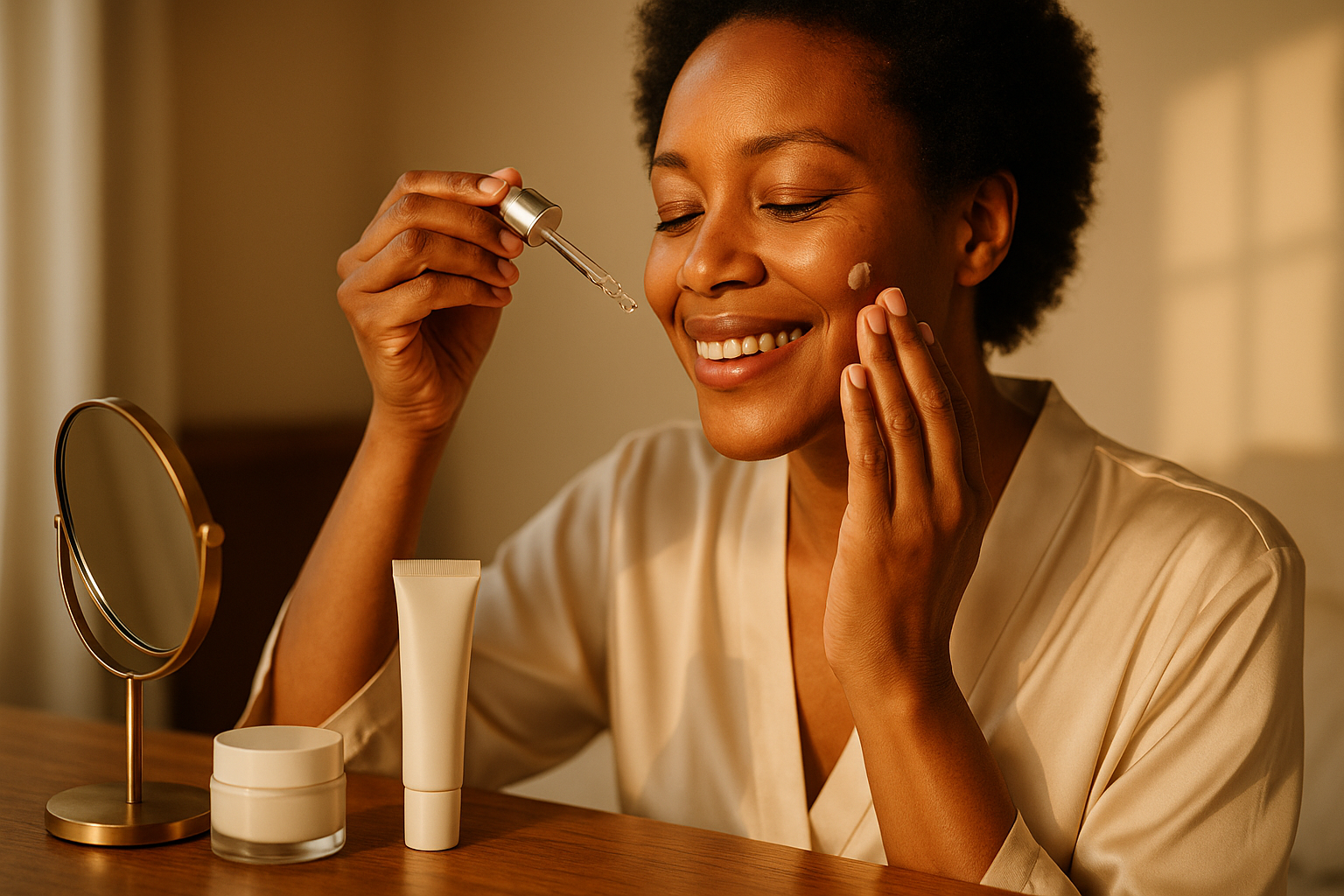 Smiling Black woman applying serum then patting a cream into her cheek in a sunlit bedroom, illustrating layering steps