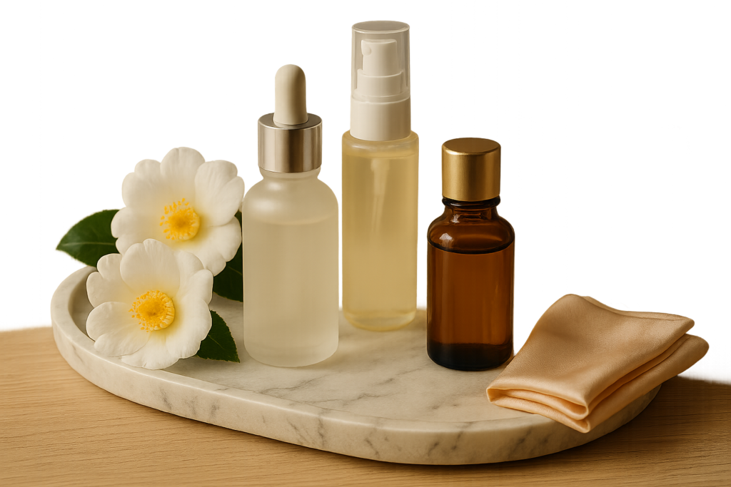 Stylish still life of luxury Japanese serums on a marble tray with camellia and silk cloth, conveying radiant, youthful-looking skin and a refined skincare ritual