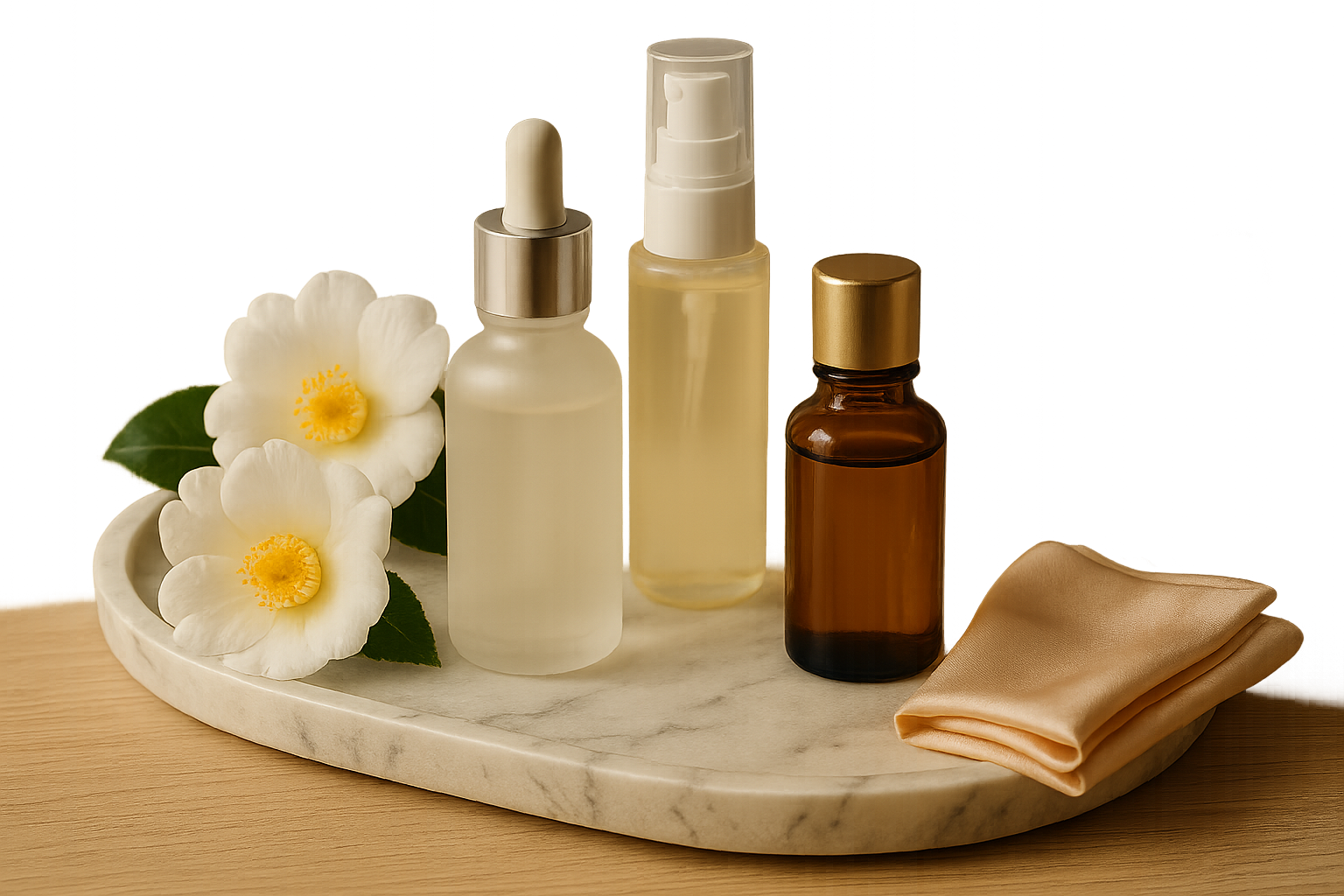 Stylish still life of luxury Japanese serums on a marble tray with camellia and silk cloth, conveying radiant, youthful-looking skin and a refined skincare ritual