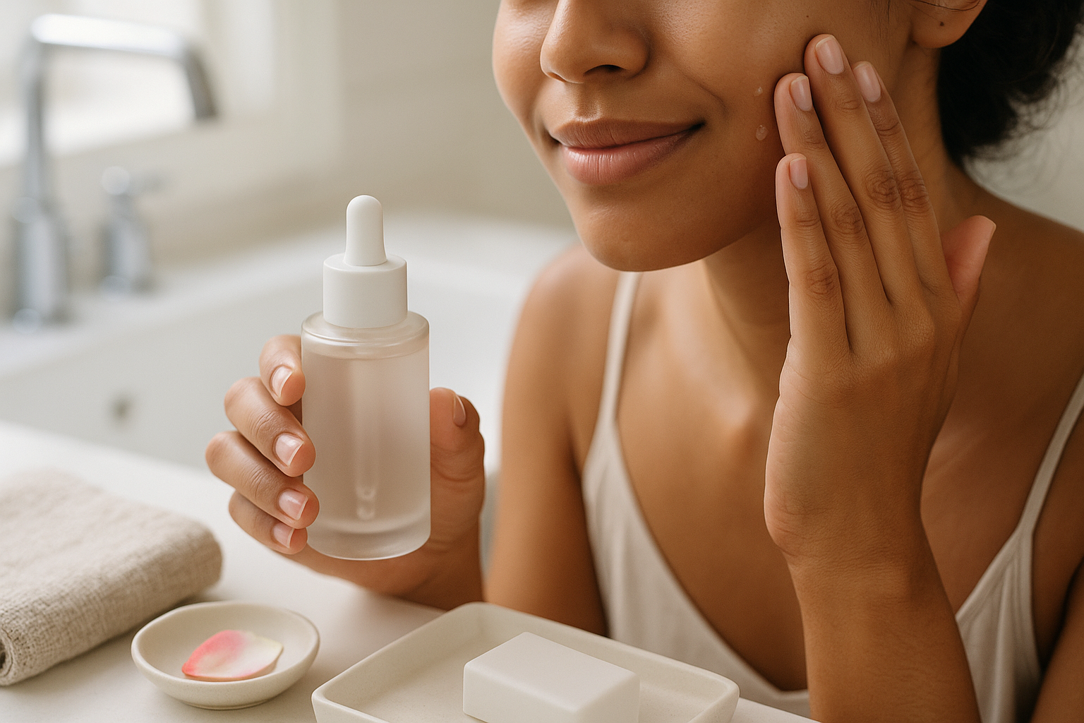 Close-up of hands patting serum into skin beside a small towel and refillable elegant serum bottle on a white sink