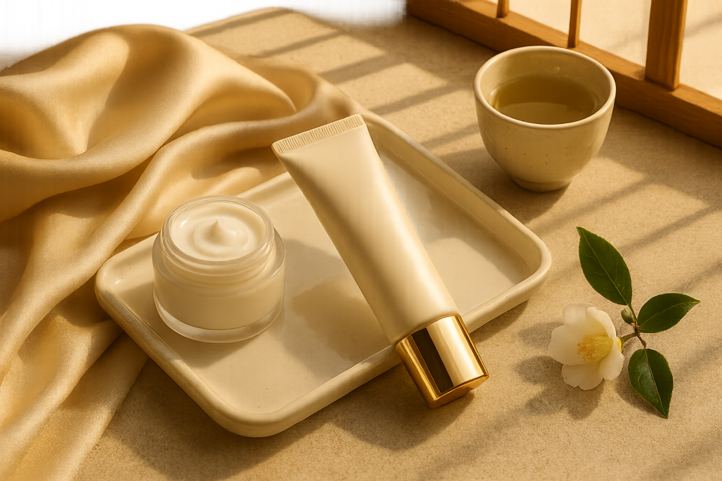 Luxurious still life of Japanese sunscreen and morning skincare on a porcelain tray bathed in soft morning light