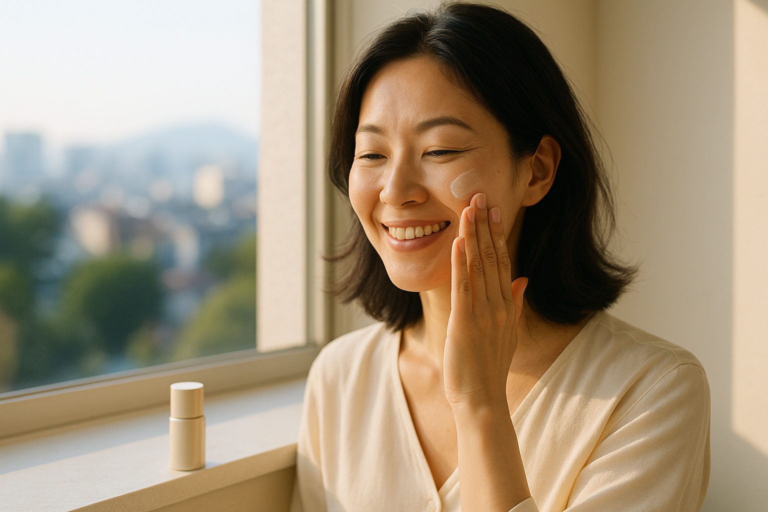 Elegant woman applying sunscreen to her cheek at a sunny windowsill, smiling in a warm, natural moment