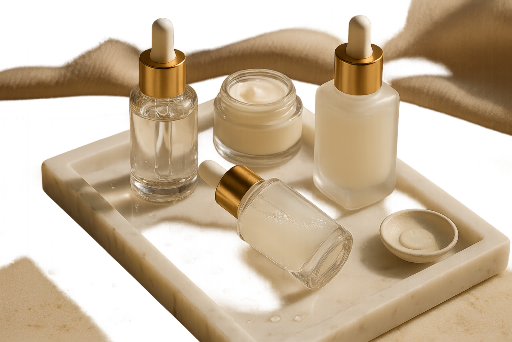 Luxurious arrangement of elegant serums and dewy textures on marble, promising deep hydration and glow