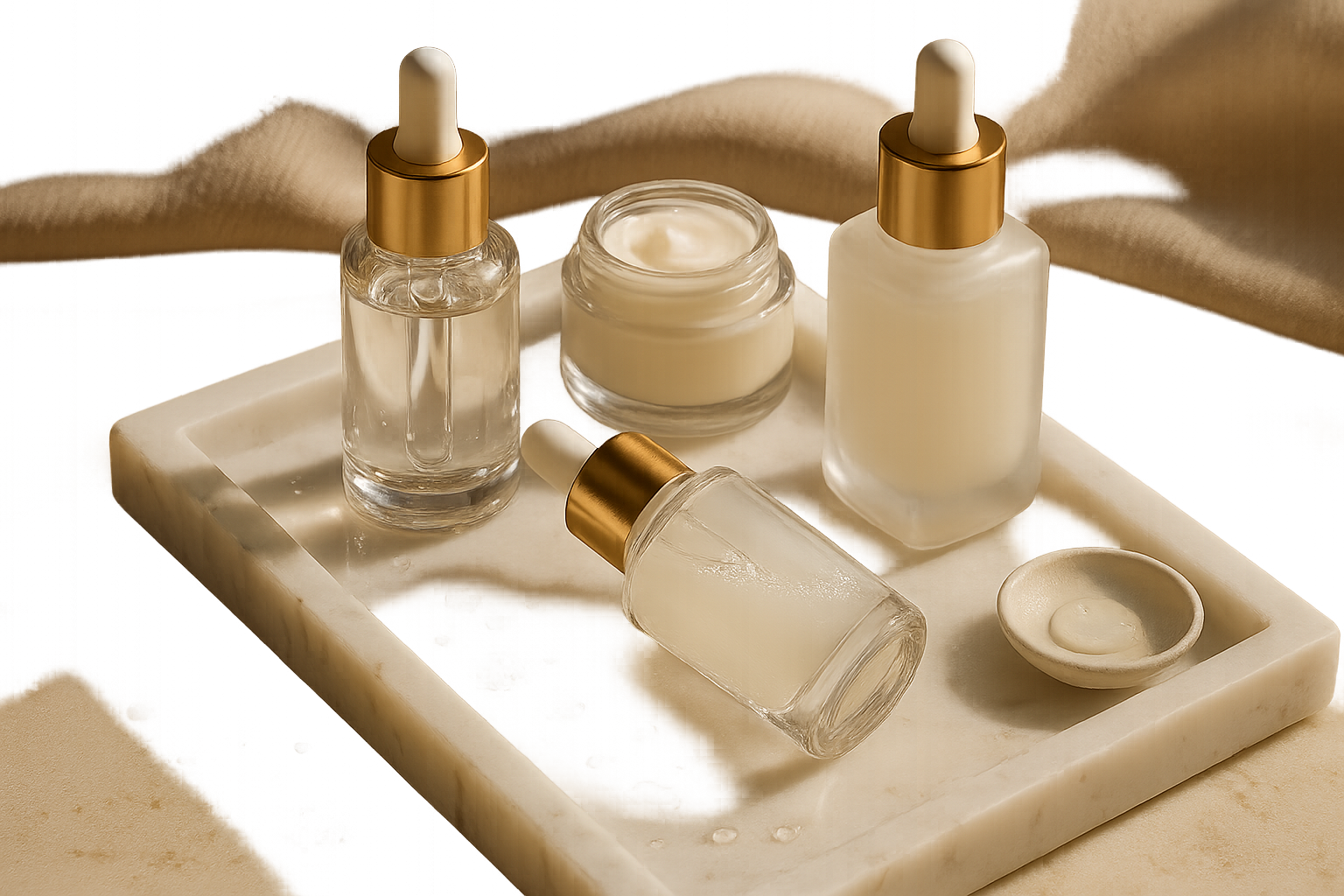 Luxurious arrangement of elegant serums and dewy textures on marble, promising deep hydration and glow