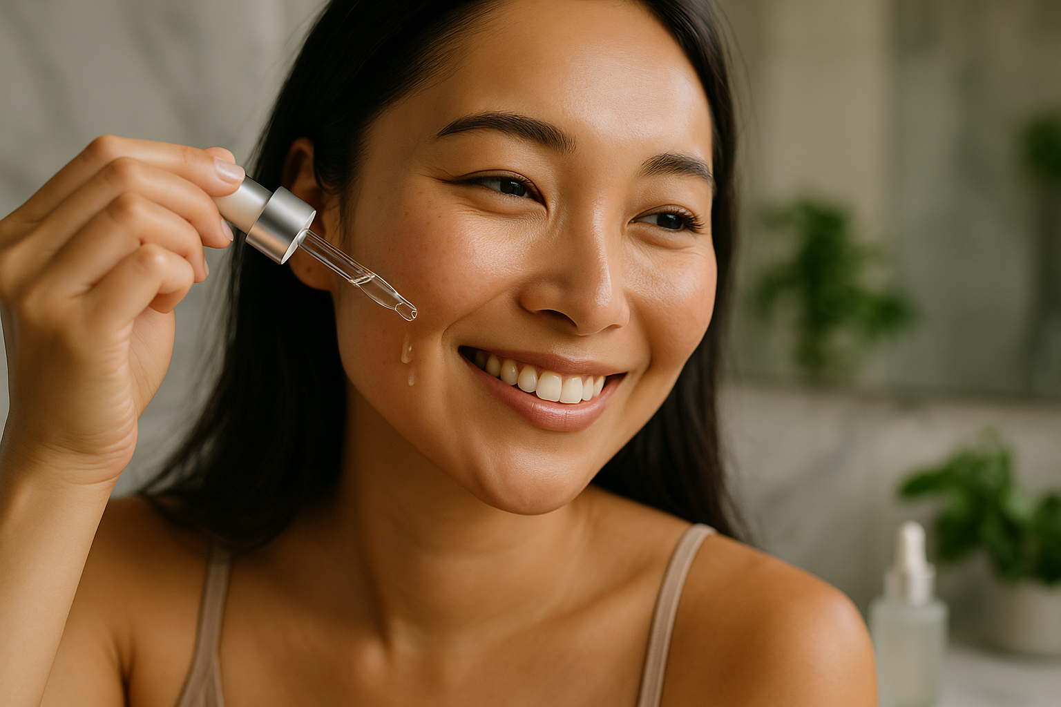 Woman applying a hydrating serum with a pipette, smiling gently, showing application to slightly damp skin