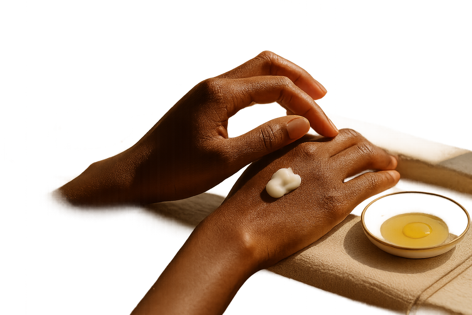 Detailed texture shot of hands layering serum, cream and a nourishing oil on the back of the hand