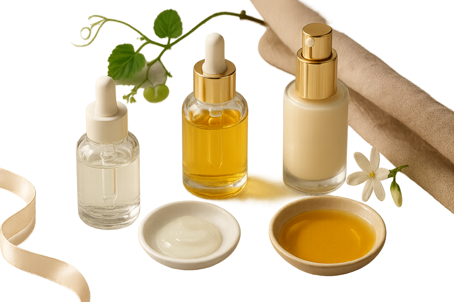 Elegant still life of luxury hydrating serums and textures on marble, conveying deep hydration for dry skin