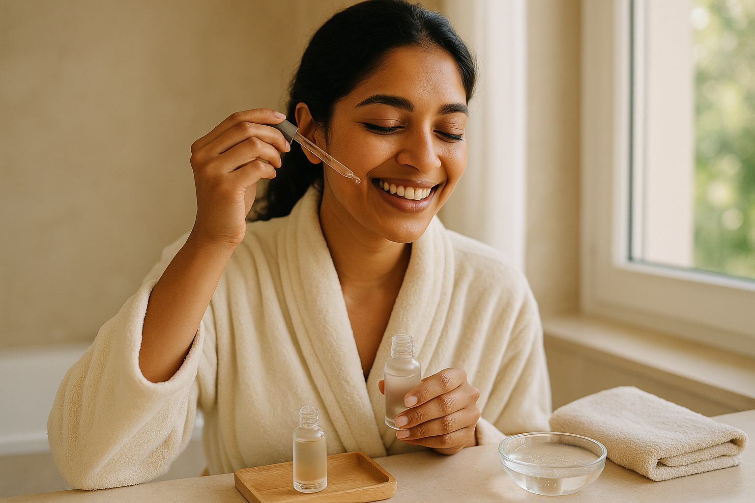 Woman applying a serum to slightly damp skin in a serene morning routine