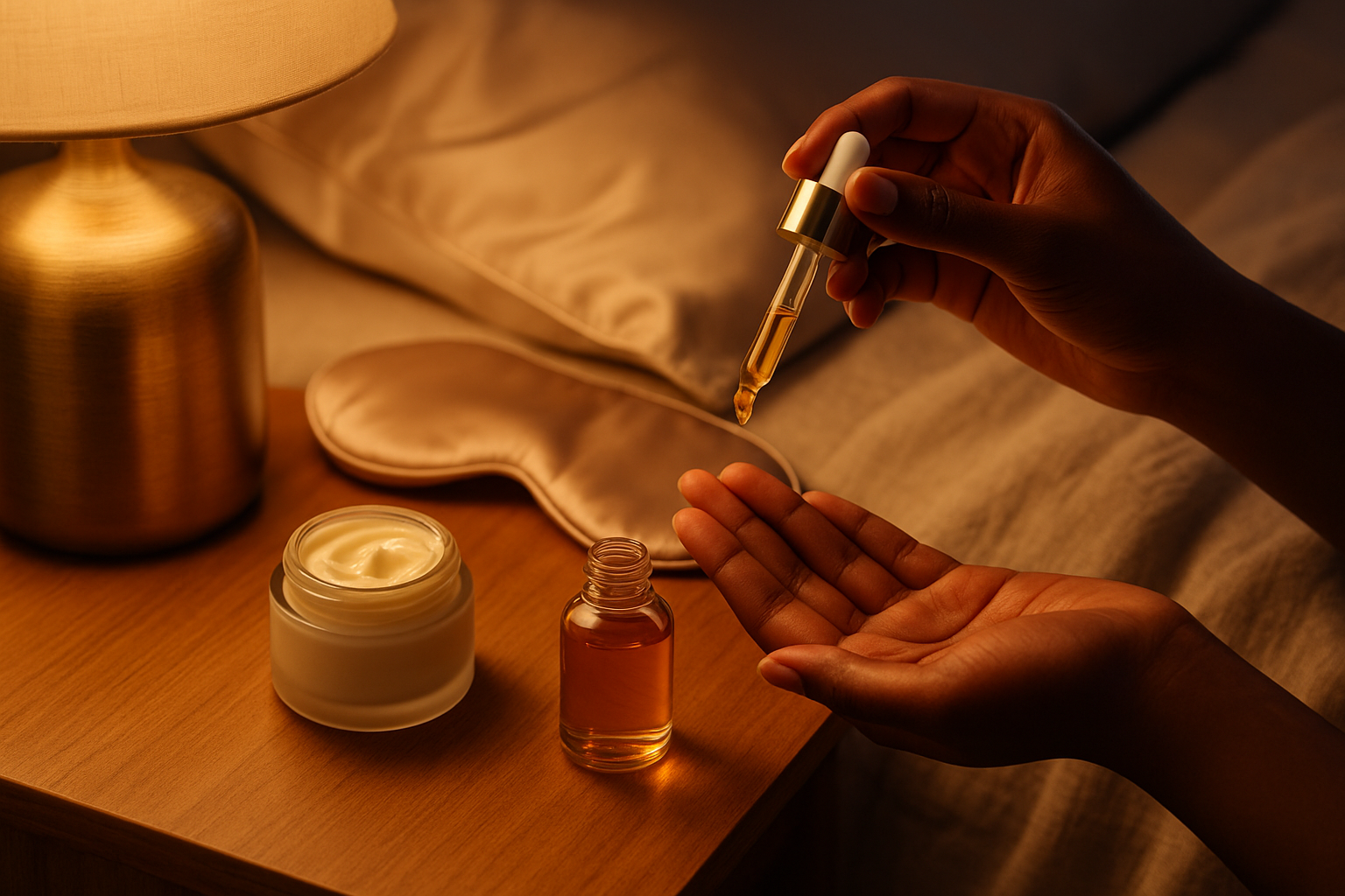 Nighttime layering ritual with serums, moisturiser and silk pillow for deep overnight hydration