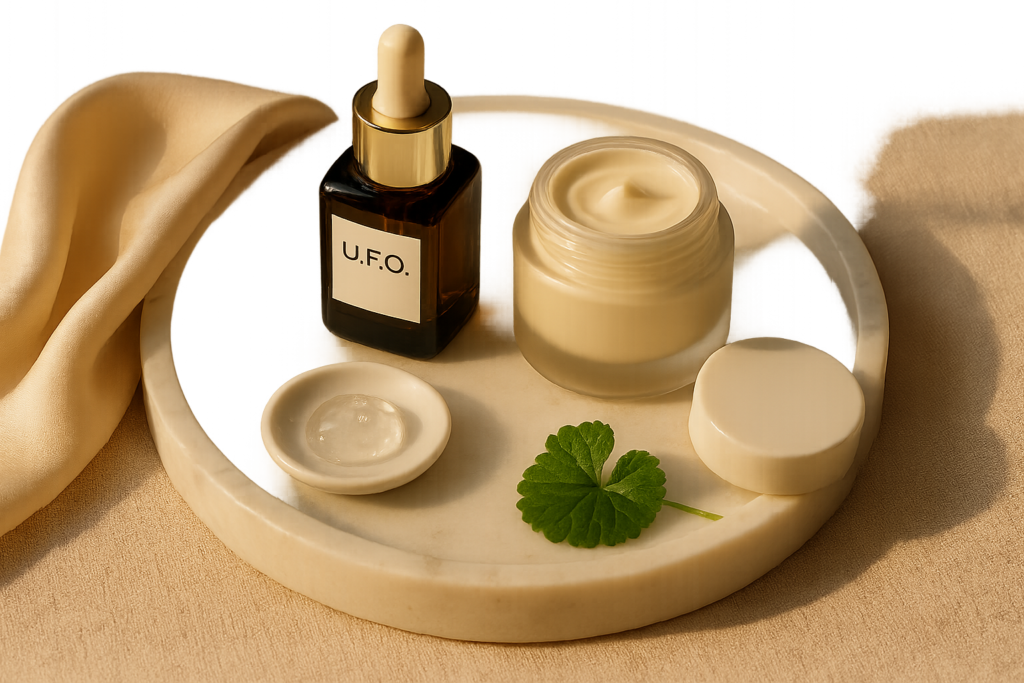 A refined flatlay of luxury acne‑support skincare: marble tray with amber glass dropper bottle labeled U.F.O., a small jar of lightweight cream, silk cloth, and a porcelain dish of gel texture—soft morning light
