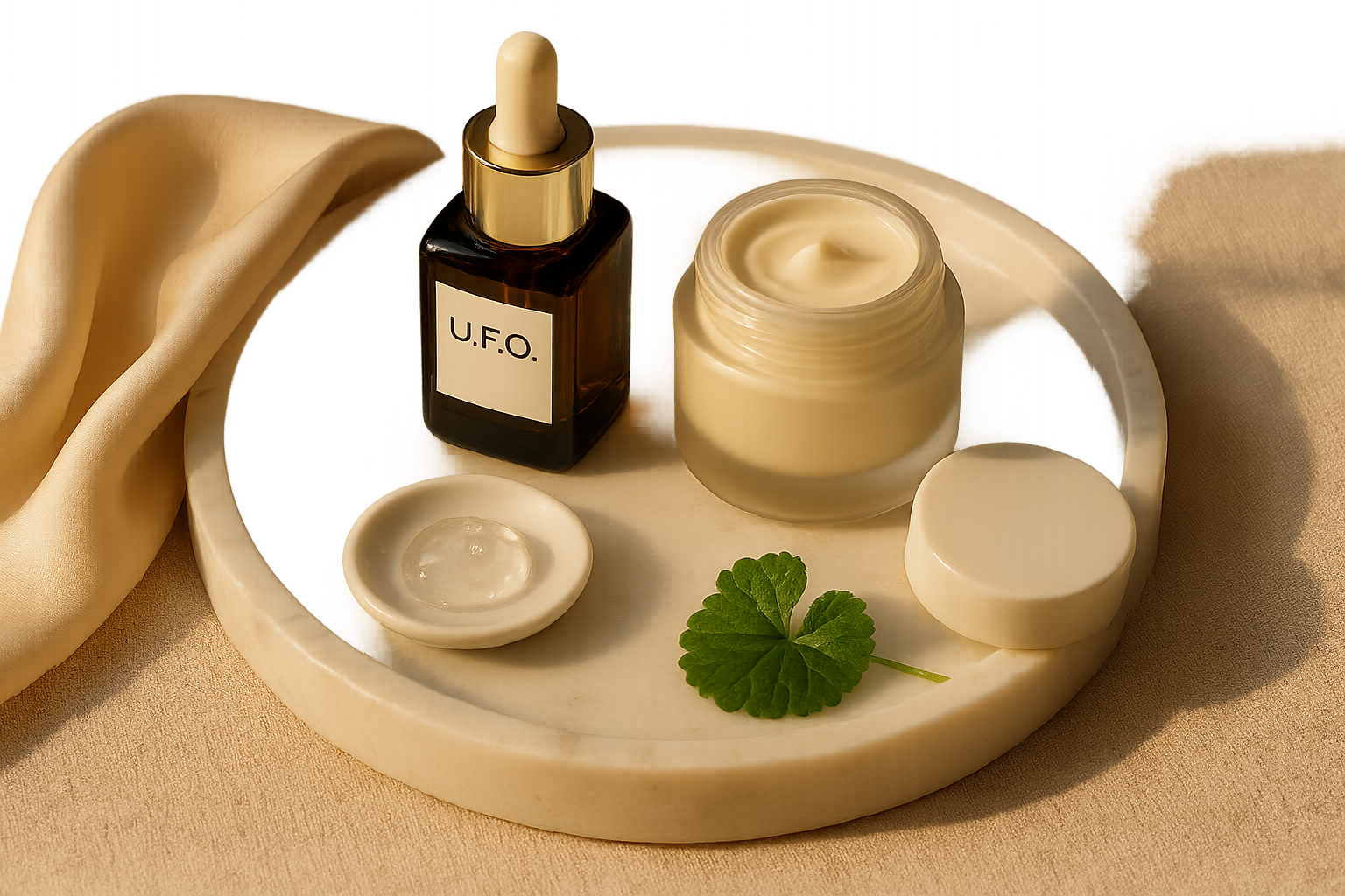 A refined flatlay of luxury acne‑support skincare: marble tray with amber glass dropper bottle labeled U.F.O., a small jar of lightweight cream, silk cloth, and a porcelain dish of gel texture—soft morning light