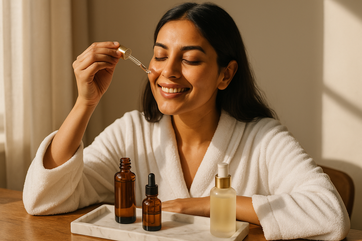 Editorial portrait of one woman applying a lightweight serum on her jawline in a bright vanity—diverse, smiling, natural look