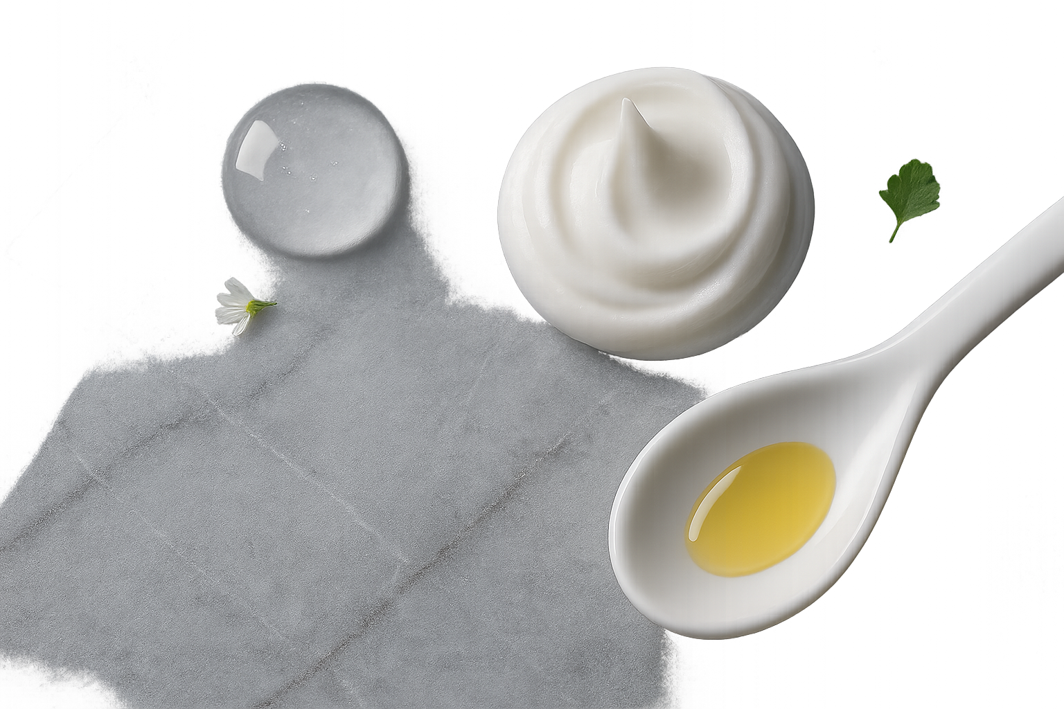 Macro close-up of three textures: a clear gel bead, a matte cream swirl, and a light oil drop on a marble tile