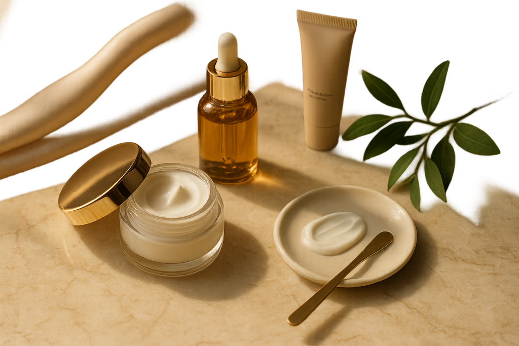 Luxurious flatlay of high-end skincare products with silk, marble and morning light—elegant textures and creams visible