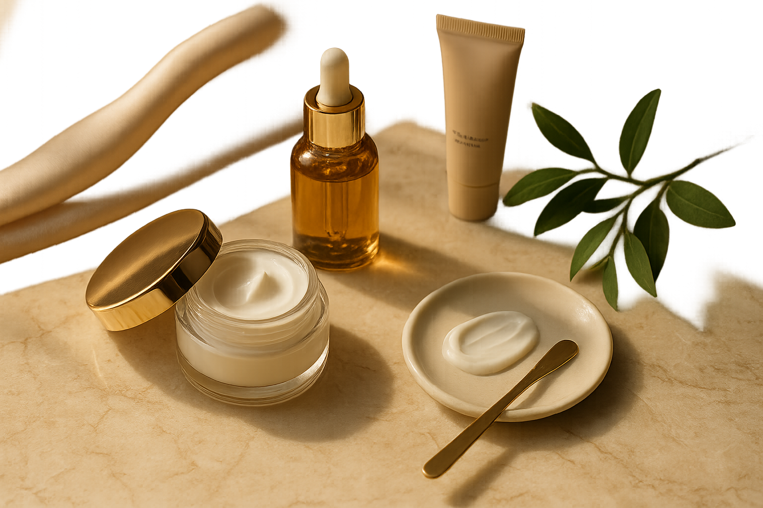 Luxurious flatlay of high-end skincare products with silk, marble and morning light—elegant textures and creams visible