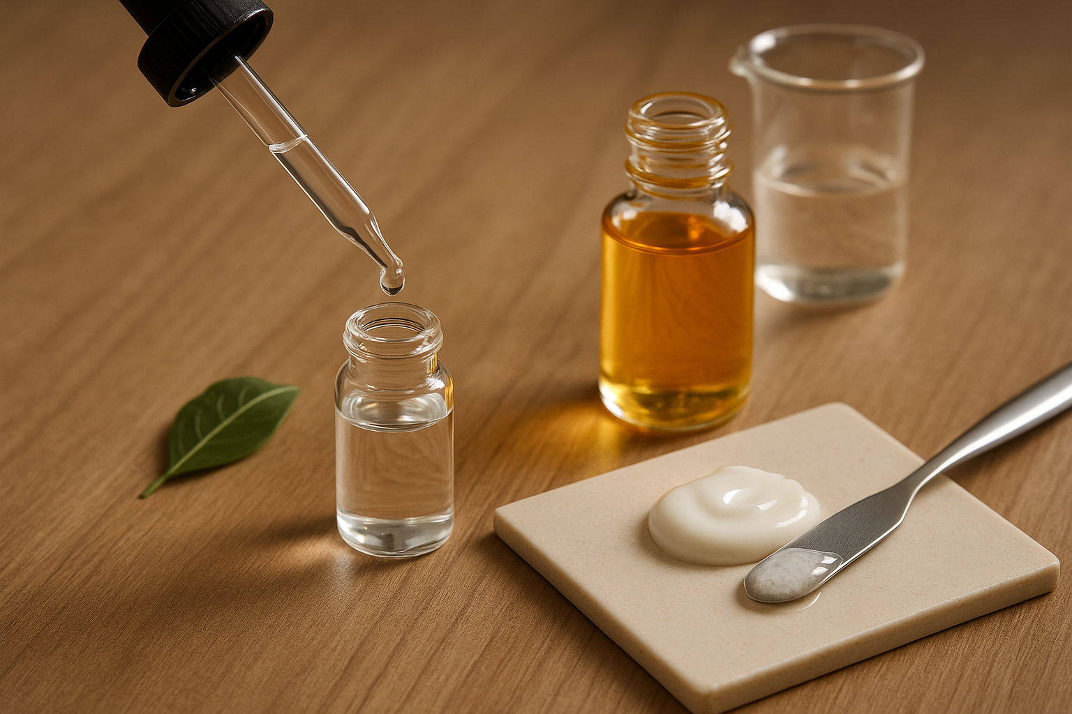 Close-up of ingredient vials and droplets to illustrate key luxury ingredients and textures