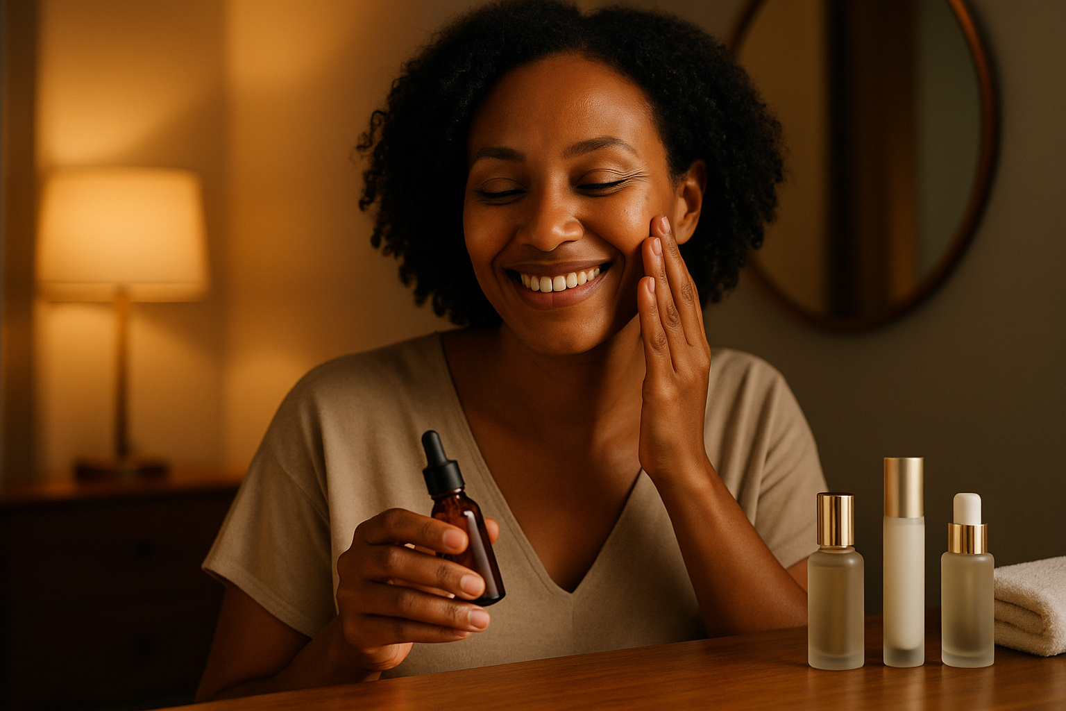 Woman enjoying evening skincare ritual at a vanity—applying serum in soft lamp light