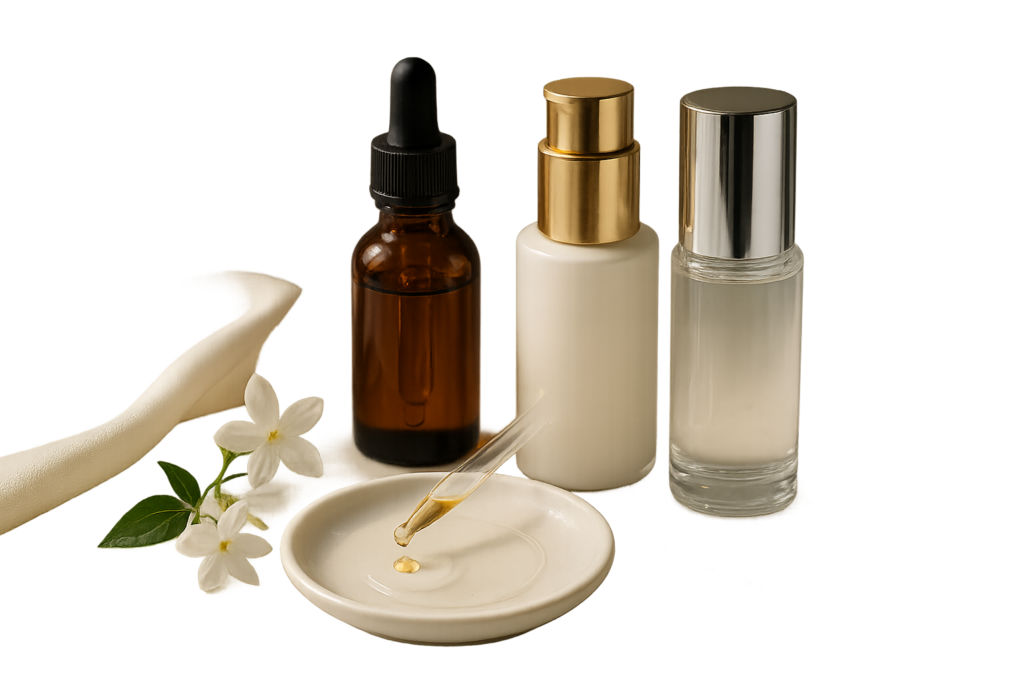 Luxury serum still life on marble with silky cloth, glass dropper releasing a single droplet, and a small dish of hyaluronic gel — elegant soft morning light