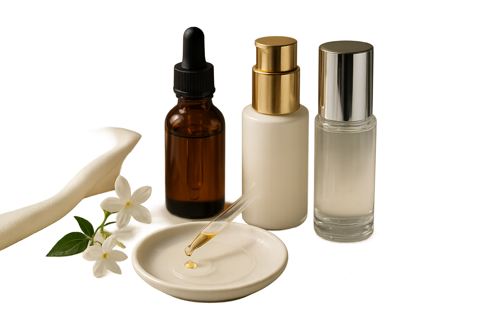 Luxury serum still life on marble with silky cloth, glass dropper releasing a single droplet, and a small dish of hyaluronic gel — elegant soft morning light