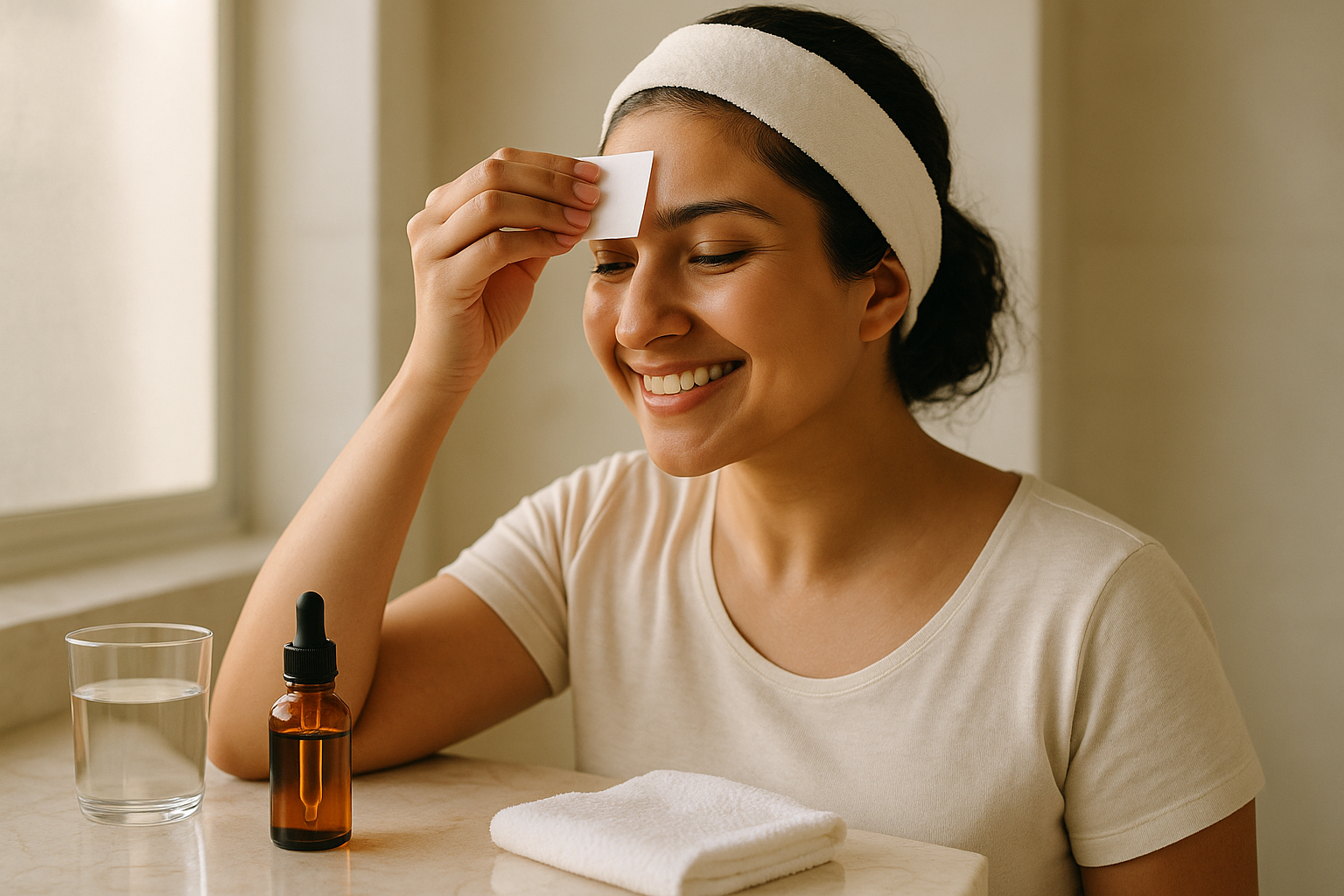 Woman in her thirties testing skin type with blotting paper and a small amber serum bottle on a bathroom counter