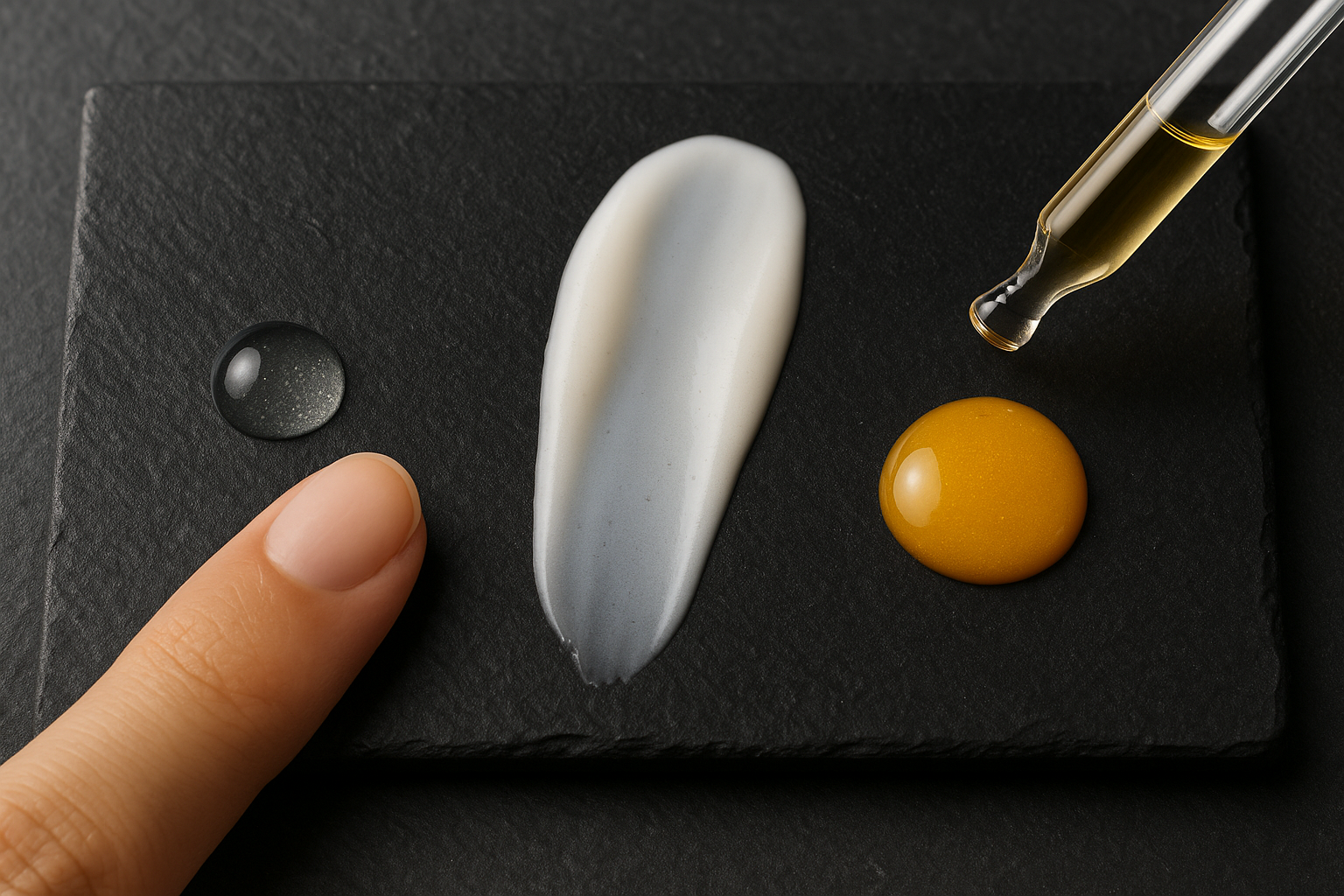Close-up of three serum textures on slate: viscous clear gel, lightweight milky emulsion, and golden vitamin C drop; pipette and smear detail