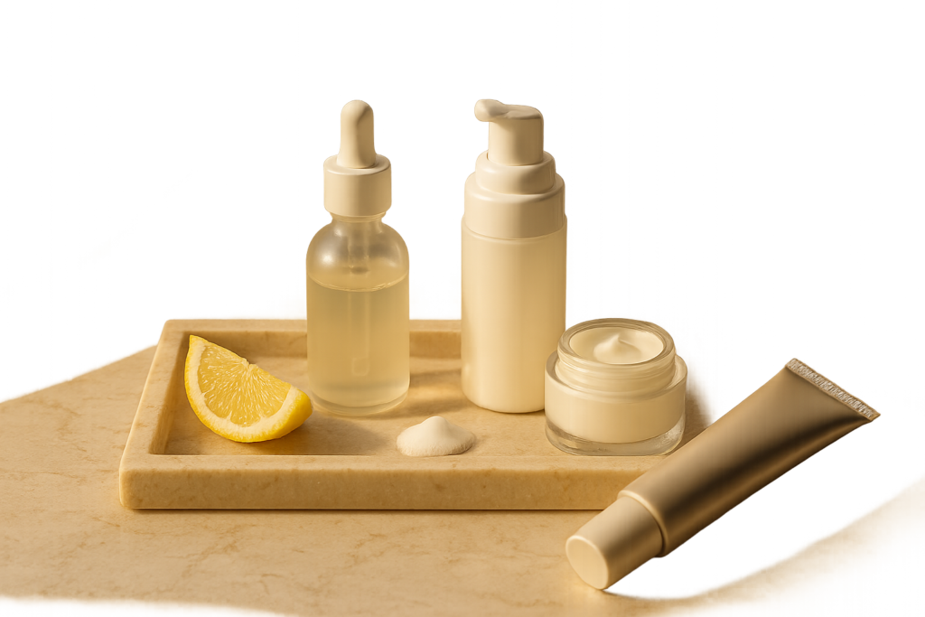 Still life of a sunlit vanity tray with premium morning skincare: foaming cleanser pump, glass dropper vitamin C serum, lightweight moisturizer jar, broad-spectrum SPF tube, silk cloth and a lemon slice symbolizing brightness