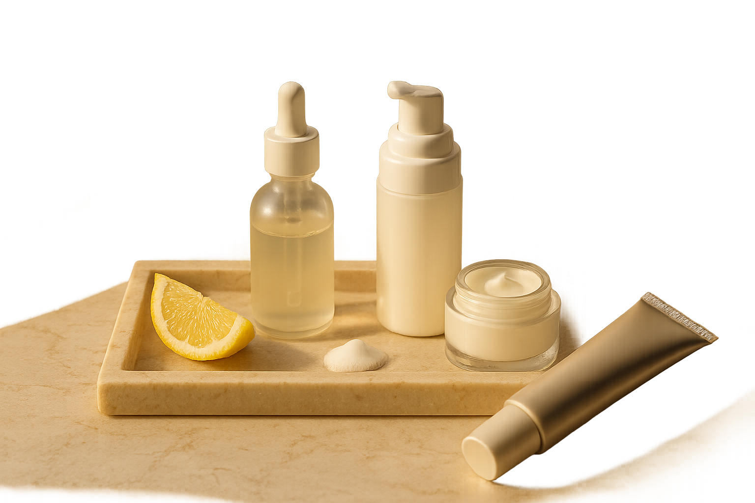 Still life of a sunlit vanity tray with premium morning skincare: foaming cleanser pump, glass dropper vitamin C serum, lightweight moisturizer jar, broad-spectrum SPF tube, silk cloth and a lemon slice symbolizing brightness