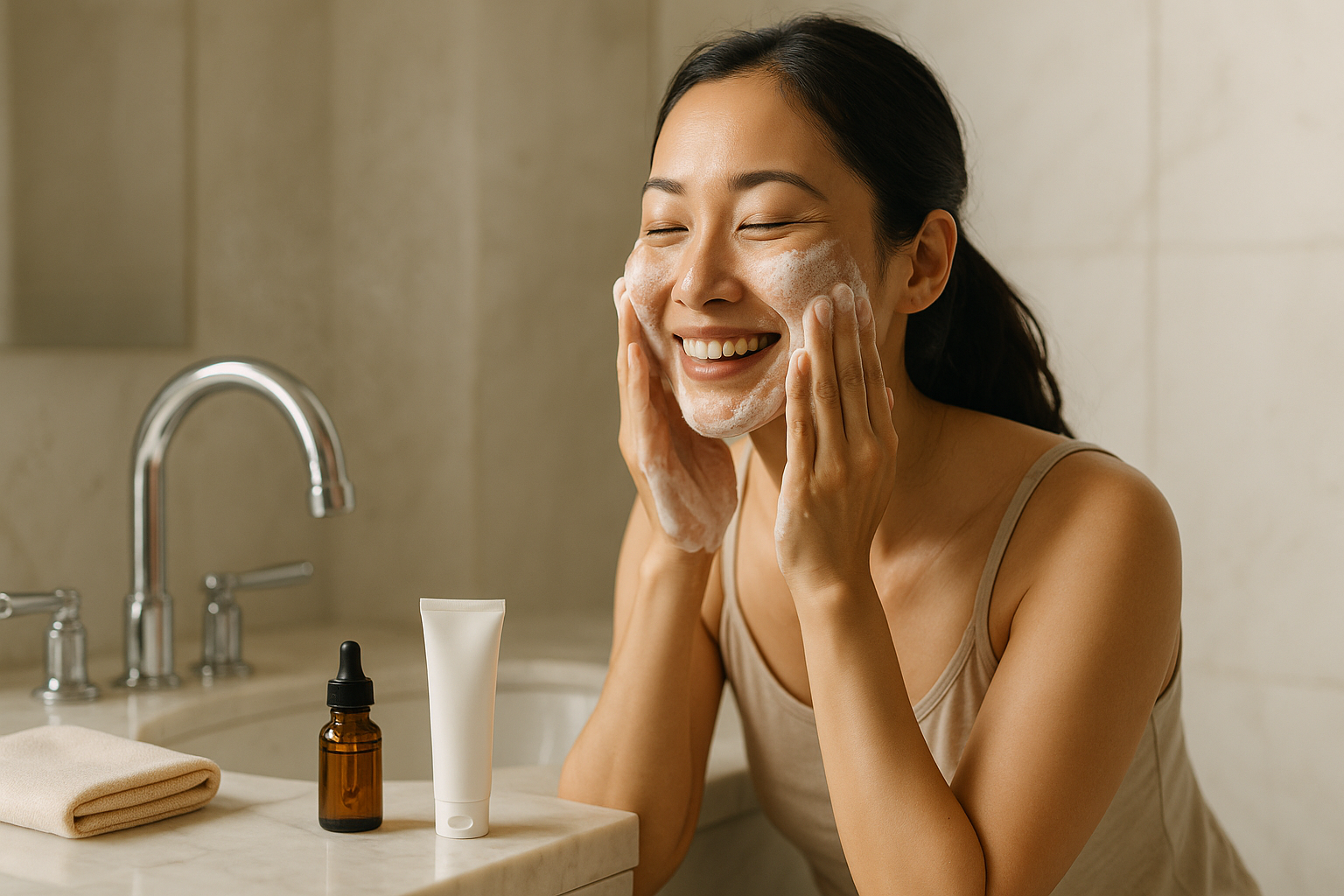 Woman at a marble sink smiling as she cleanses her face in morning light with a foamy cleanser and a vitamin C serum on the counter