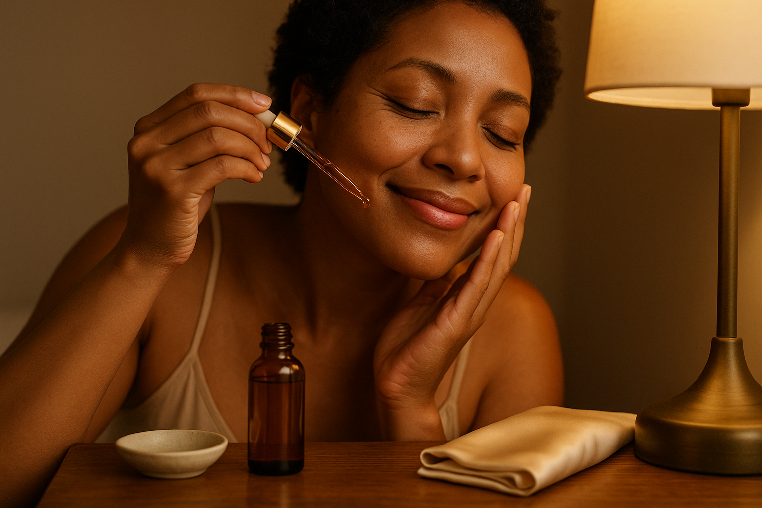 Close-up evening bedside scene: a woman applying a nourishing facial oil beside a nightstand with an amber jar, silk pillowcase and dim lamp