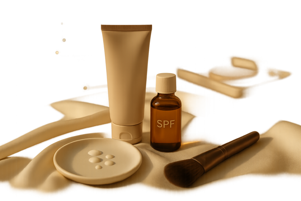 Luxury still life of premium sunscreen and morning skincare on silk, suggesting invisible protection without white cast