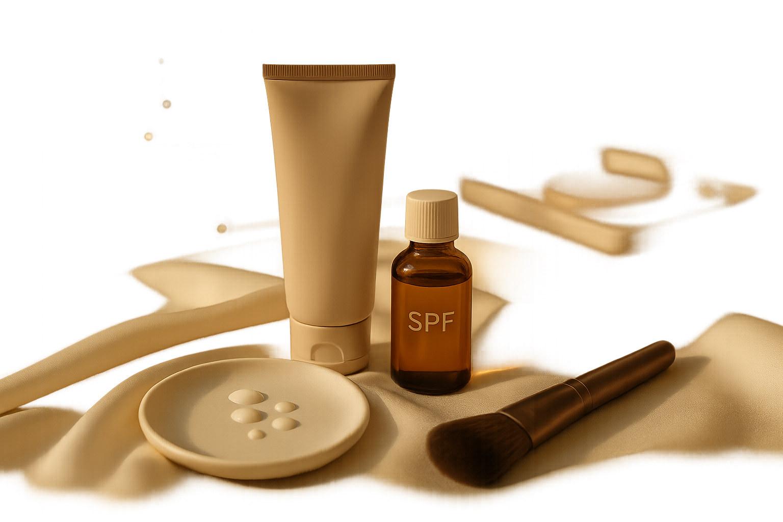 Luxury still life of premium sunscreen and morning skincare on silk, suggesting invisible protection without white cast