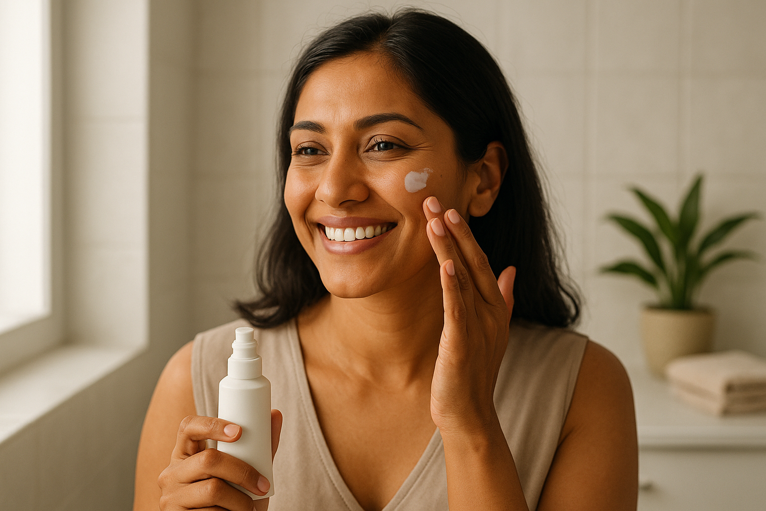 Woman applying lightweight sunscreen to her cheek, showing an invisible finish under natural morning light