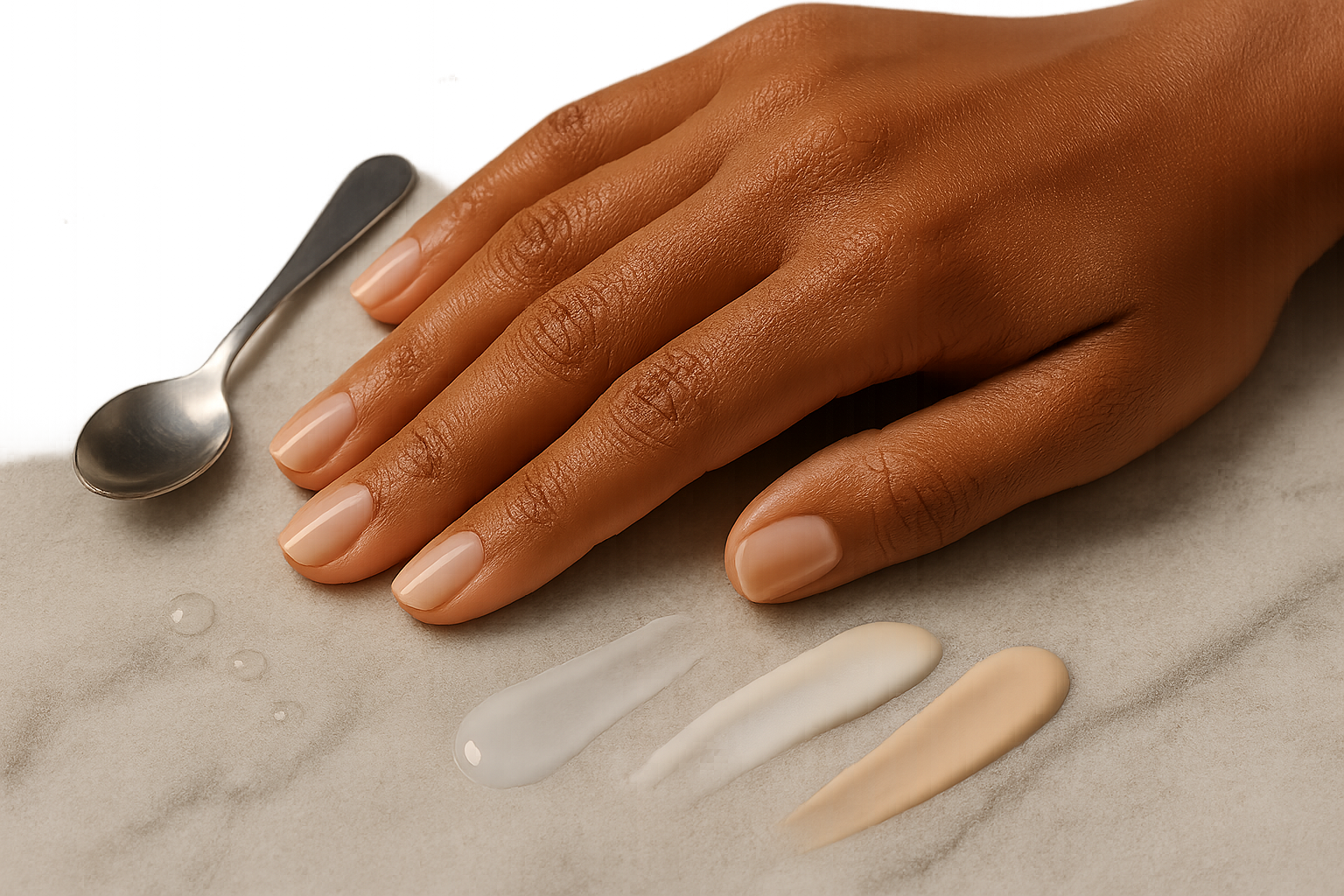 Close-up hand swatches of three refined sunscreen textures—clear, mineral-sheer, and faintly tinted—on an elegant manicure