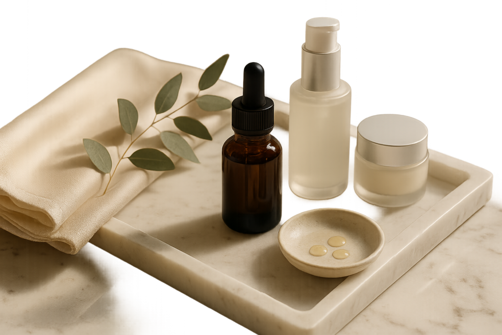 Elegant marble tray with premium skincare bottles and a dropper serum, soft morning light and silk towel